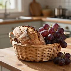 Rustic still life with crispy bread and grapes in a woven basket