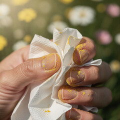 Close-up of hands holding napkin with yellow pollen on fingers