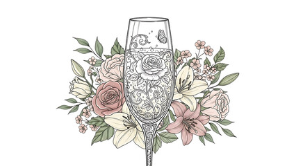 Elegant champagne flute surrounded by beautiful flowers isolated on transparent background
