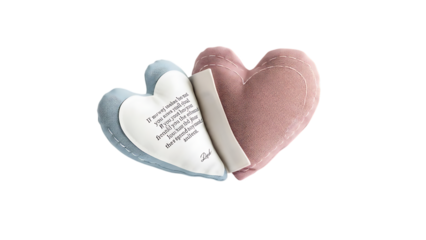 Beautiful heart shaped pillow with inspirational quote isolated on transparent background