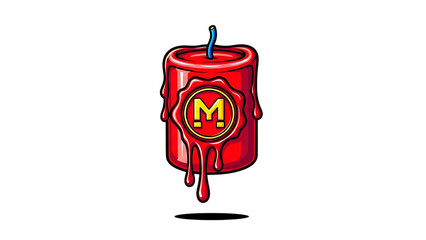 Red candle with melting wax and logo isolated on transparent background