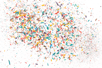 colorful pencil tip shavings from sharpening in flying, explosion isolated on white, background and texture, clipping path, design elements, transparency