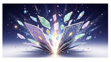 Magical book releasing sparkling crystals and stardust into space isolated on transparent background