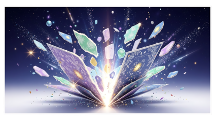 Magical book releasing sparkling crystals and stardust into space isolated on transparent background