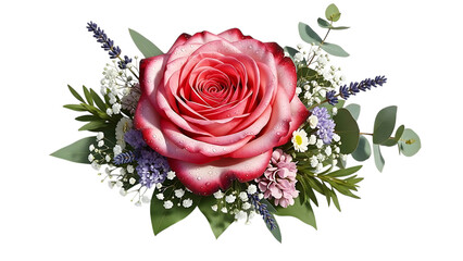 Beautiful pink rose bouquet with flowers and leaves isolated on transparent background