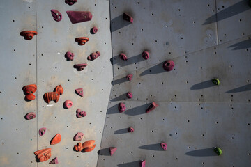 Colorful grips on a climbing wall. Sports and recreation.
