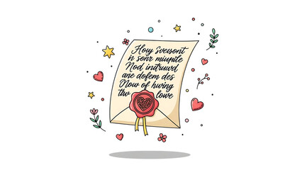 Beautiful handwritten letter with rose and hearts isolated on transparent background