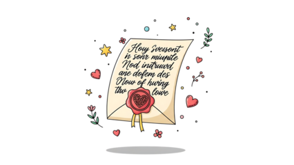 Beautiful handwritten letter with rose and hearts isolated on transparent background