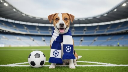 Football Fan: An adorable dog, sporting a football scarf, sits proudly next to a soccer ball on a pristine stadium field, ready to cheer on its favorite team. 