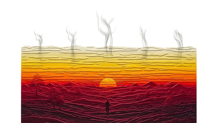 Vibrant desert sunset with rising smoke isolated on transparent background
