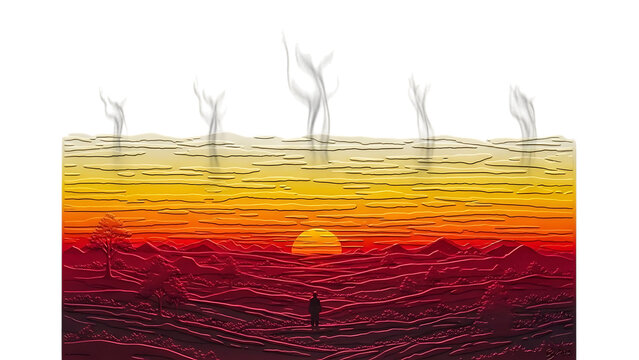 Vibrant desert sunset with rising smoke isolated on transparent background - Powered by Adobe