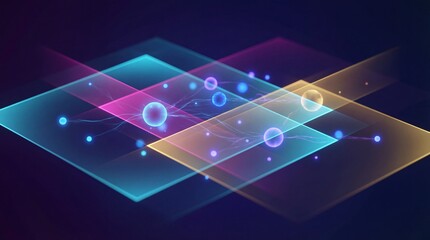 A vibrant digital illustration of interconnected geometric shapes and glowing orbs in a dark space