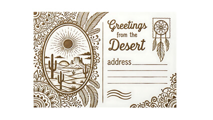 Greetings from the desert postcard with dreamcatcher and cactus isolated on transparent background