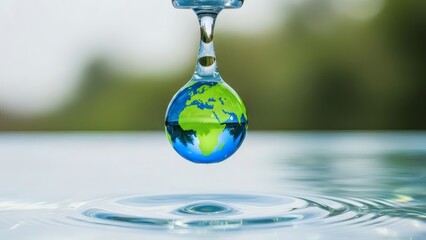 Water's Embrace: A water drop gracefully suspends, mirroring the planet, symbolizing global conservation and the significance of clean water for our world.