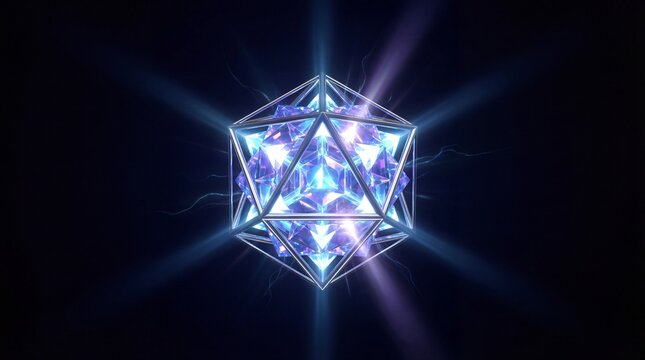 A glowing blue crystal with a geometric shape emits light rays against a dark background