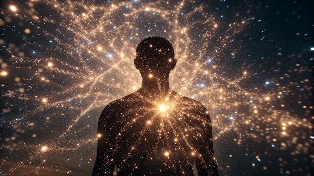 Star alignment Silhouette of Person Against Cosmic Background with Glowing Stars Creating Wonder and Mystical Atmosphere in Universe