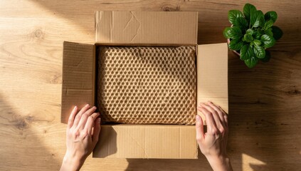 Woman Unboxing Parcel with Eco-Friendly Recycled Cardboard Packaging at Home. Represents sustainable e-commerce, zero waste lifestyle, and green consumerism.