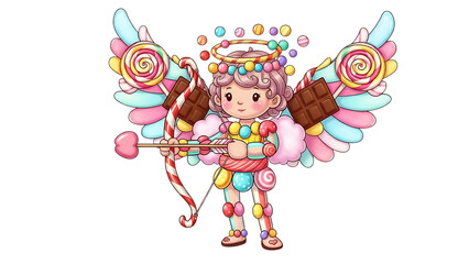 Cute cartoon cupid with colorful candy and chocolate wings isolated on transparent background