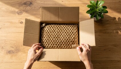 Woman Unboxing Parcel with Eco-Friendly Recycled Cardboard Packaging at Home. Represents sustainable e-commerce, zero waste lifestyle, and green consumerism.