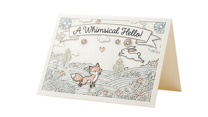 A whimsical hello greeting card with fox and rabbit illustration isolated on transparent background