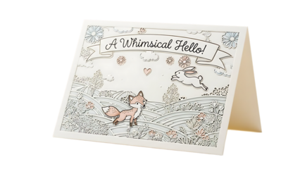A whimsical hello greeting card with fox and rabbit illustration isolated on transparent background