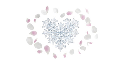 Delicate snowflake surrounded by rose petals in heart shape isolated on transparent background