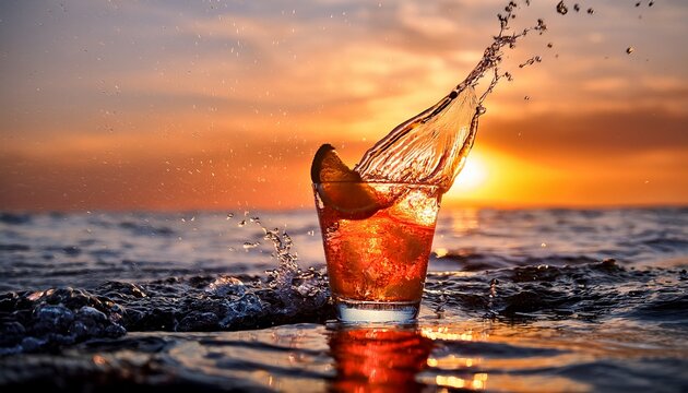 Refreshing Sunset Cocktail Splashing In The Ocean