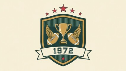 Vintage Football Emblem: A vintage football emblem, capturing the essence of gridiron glory, with a classic trophy centered amidst footballs and wings, crowned by stars and the year 1972.