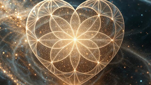 Star alignment Glowing Geometric Heart Pattern with Intricate Lines Floats Cosmic Space, Creating Mystical Atmosphere Filled with Stars and Swirling