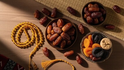 Sacred Dates Spread: A traditional arrangement of dates, presented in elegant bowls alongside a decorative rosary. This culinary composition blends both flavors and spirituality.