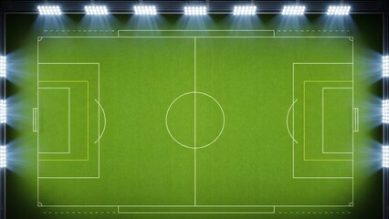 Soccer Field Under Lights: A top-down perspective of a meticulously maintained soccer field, bathed in the glow of bright stadium lights, awaiting the next big game.