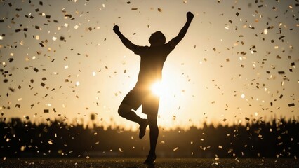 Silhouette of Success: A triumphant figure celebrates victory amidst a cascade of confetti against a radiant sunset.