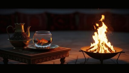 Cozy Gathering: Fire pit, goldfish, teapot and a relaxing ambiance.