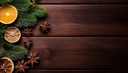 Christmas Or New Year Background With A Border Of Green Fir Branches Dried Lime And Orange Slices Anis Stars And Pine Cones Rustic Wooden Ornament Border Background