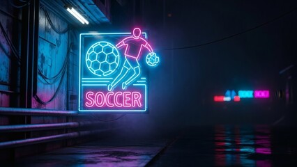 Neon Soccer Sign in Tunnel: An evocative neon sign illuminates a football icon within a dark tunnel, creating a dynamic composition.