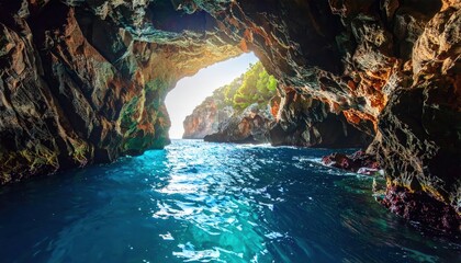 Sunlit sea cave with natural rock arch opening to turquoise waters and rugged orange cliffs in tropical coastal landscape. Adventurous nature exploration atmosphere