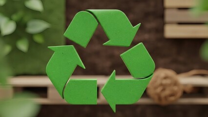Recycling Symbol: The image showcases the universally recognized recycling symbol, a green emblem of environmental responsibility, set against a backdrop of nature and sustainable practices.