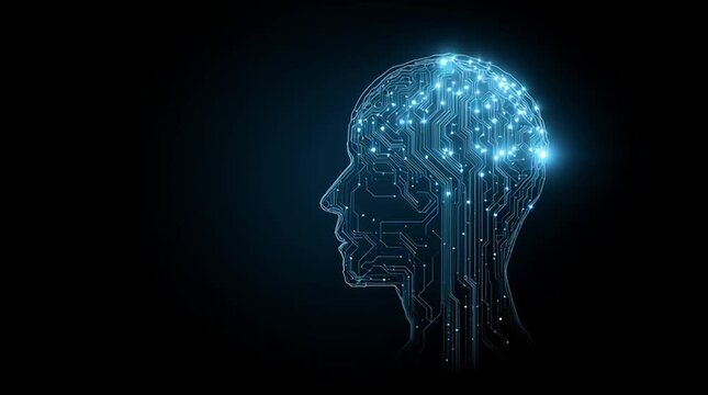 Digital human head profile outline made of glowing blue circuit board lines