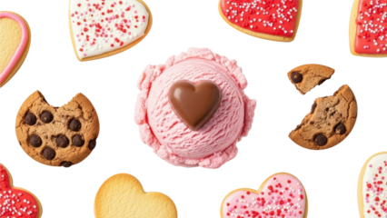Strawberry ice cream with cookies and heart sweets isolated on white background
