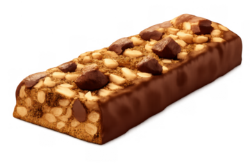 Chocolate protein bar with peanuts and chocolate chunks, providing a delicious energy snack for a healthy diet