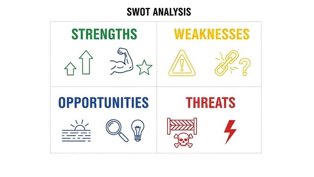 A clear graphic presentation illustrating the essential components of a swot analysis matrix utilizing distinct icons for strengths, weaknesses, opportunities, and threats.