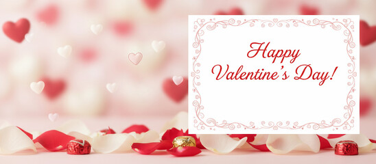 Happy Valentine&rsquo;s Day greeting card with elegant typography, red roses, petals, and soft bokeh hearts, romantic celebration concept with copy space.