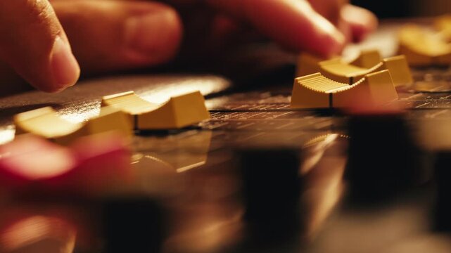 Music studio close up, Close up hands shot of sound engineer using mixing console, remote control for adjusting sound, audio mixer. Musician creates music, makes remix for DJ set. Sound recording