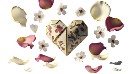 Heart shaped gift box surrounded by rose petals and flowers isolated on transparent background
