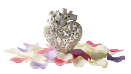 Beautiful silver heart shaped ornament with rose petals isolated on transparent background