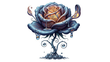 Steampunk rose with mechanical roots and golden center isolated on transparent background