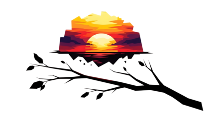 Beautiful sunset landscape with tree branch and mountains isolated on transparent background