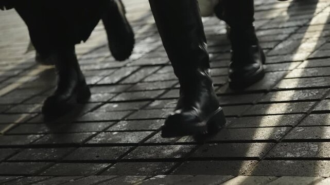 Low-angle close-up of feet and shoes striding across a sunlit brick pavement, long shadows stretching over textured pavers during a busy urban pedestrian commute