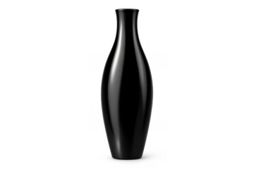 Black ceramic vase having high gloss and sleek design, displaying a minimalist decor object. Transparent background