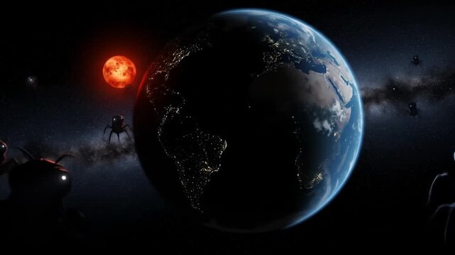 Alien insectoid creatures surround the planet Earth during a celestial event